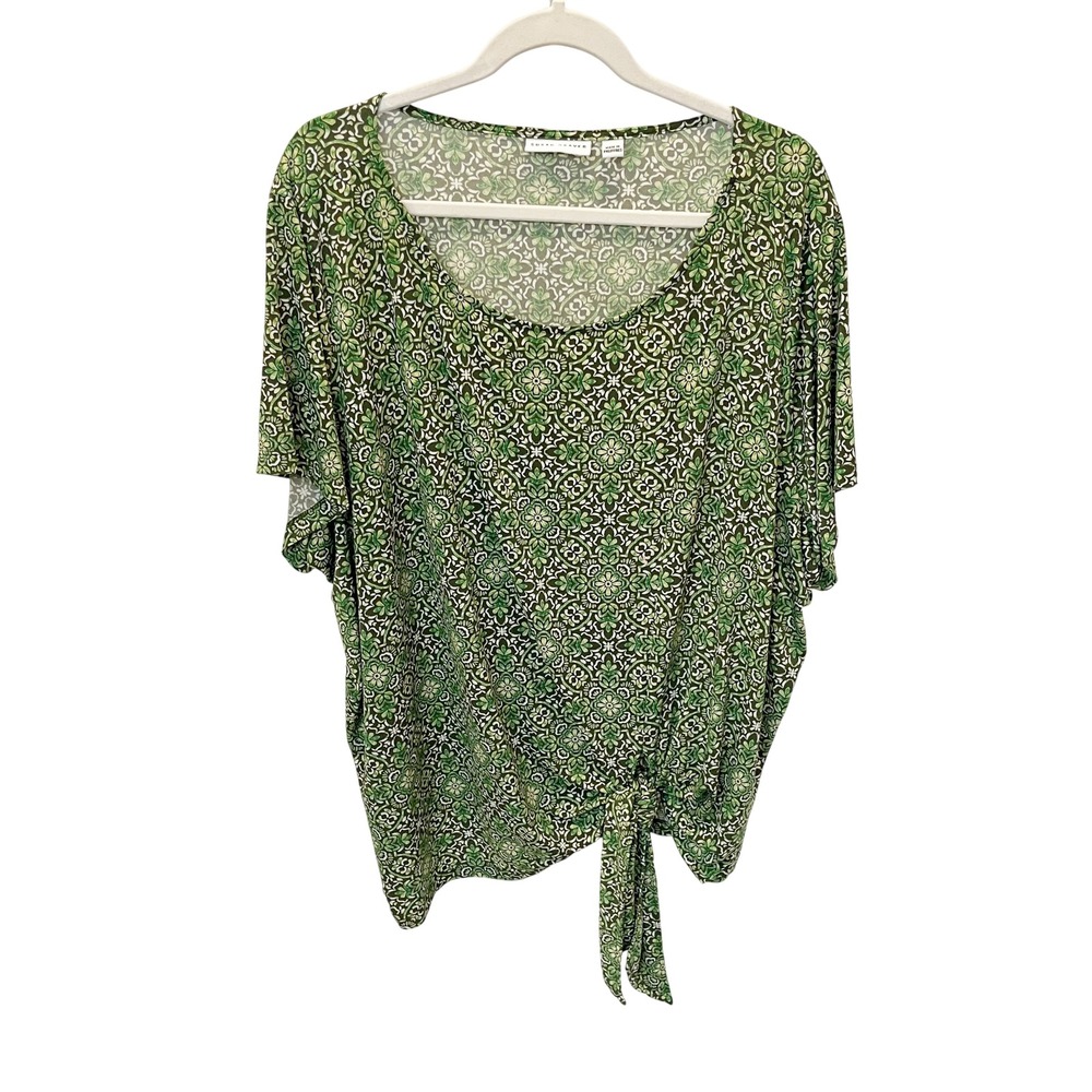 Susan Graver Liquid Knit Top 4X Green Medallion‎ Tie Front Short Sleeve Blouse